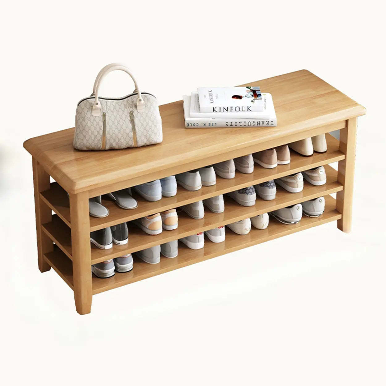 Natural Wood Shoe Rack with Adjustable Shelves