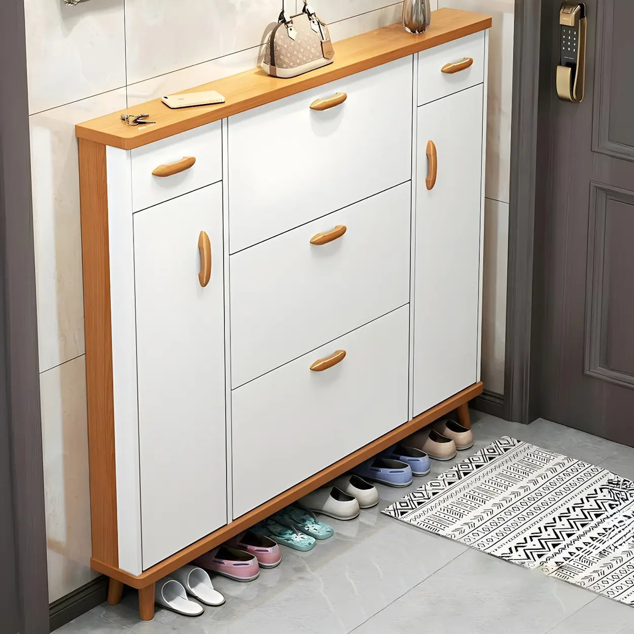 Adjustable White Wood Drop-Front Shoe Storage