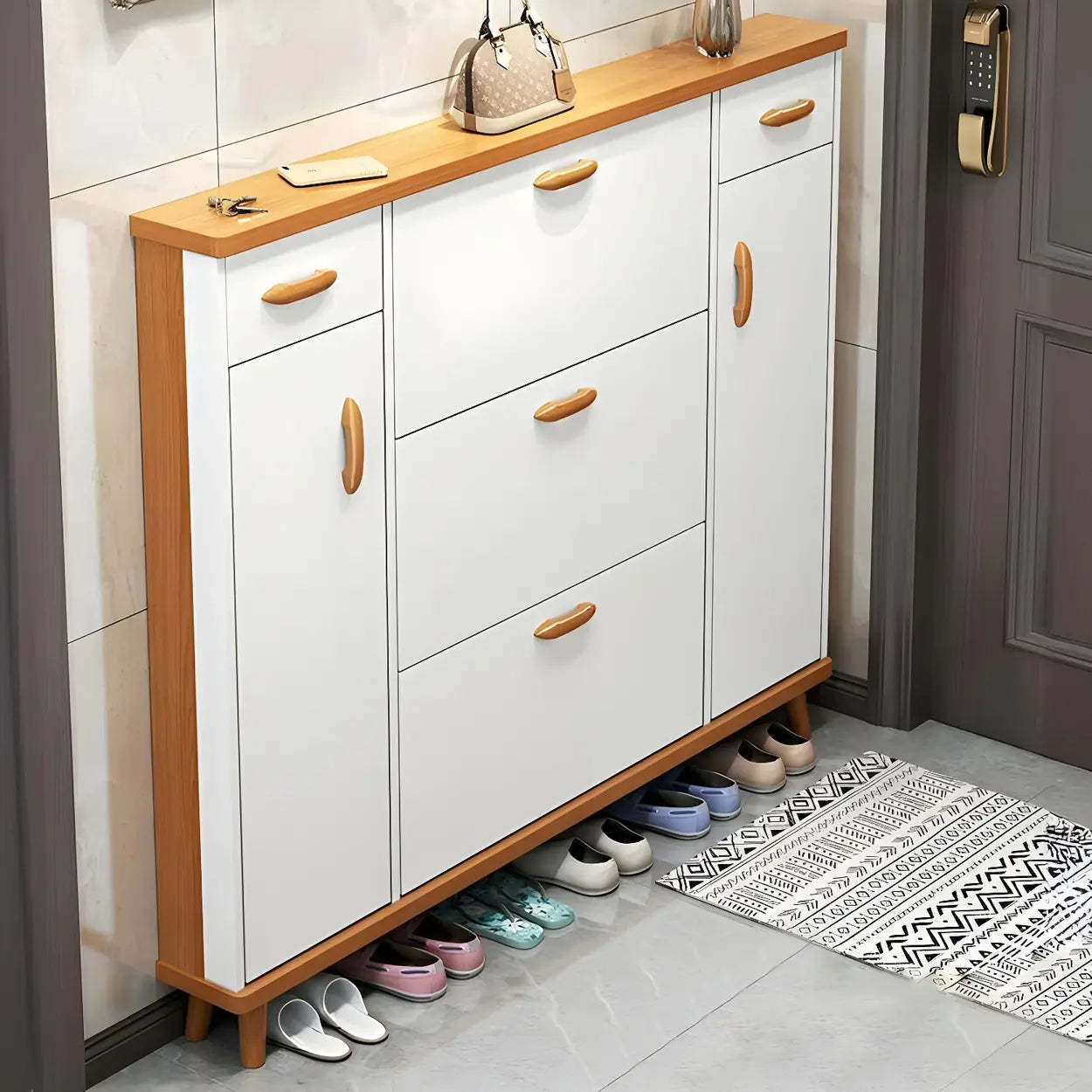 Adjustable White Wood Drop-Front Shoe Storage