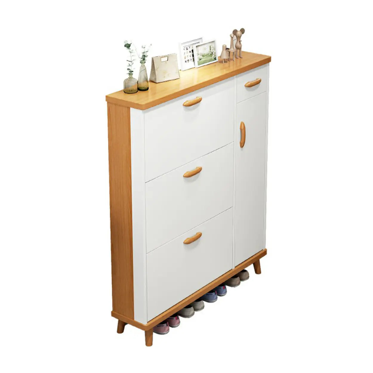 Adjustable White Wood Drop-Front Shoe Storage