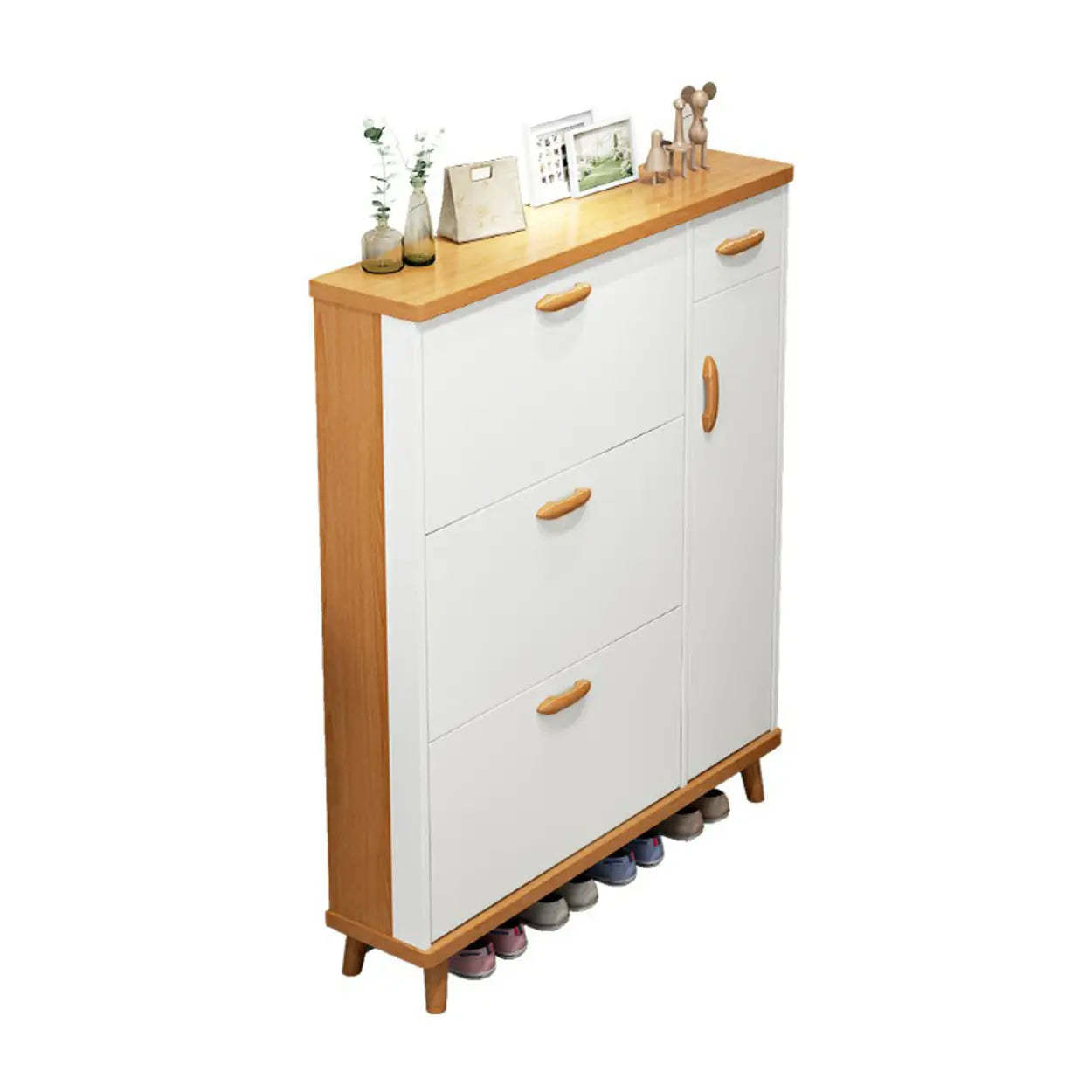 Adjustable White Wood Drop-Front Shoe Storage
