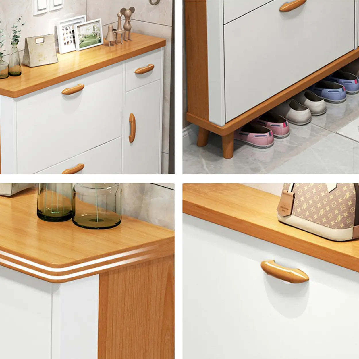 Adjustable White Wood Drop-Front Shoe Storage