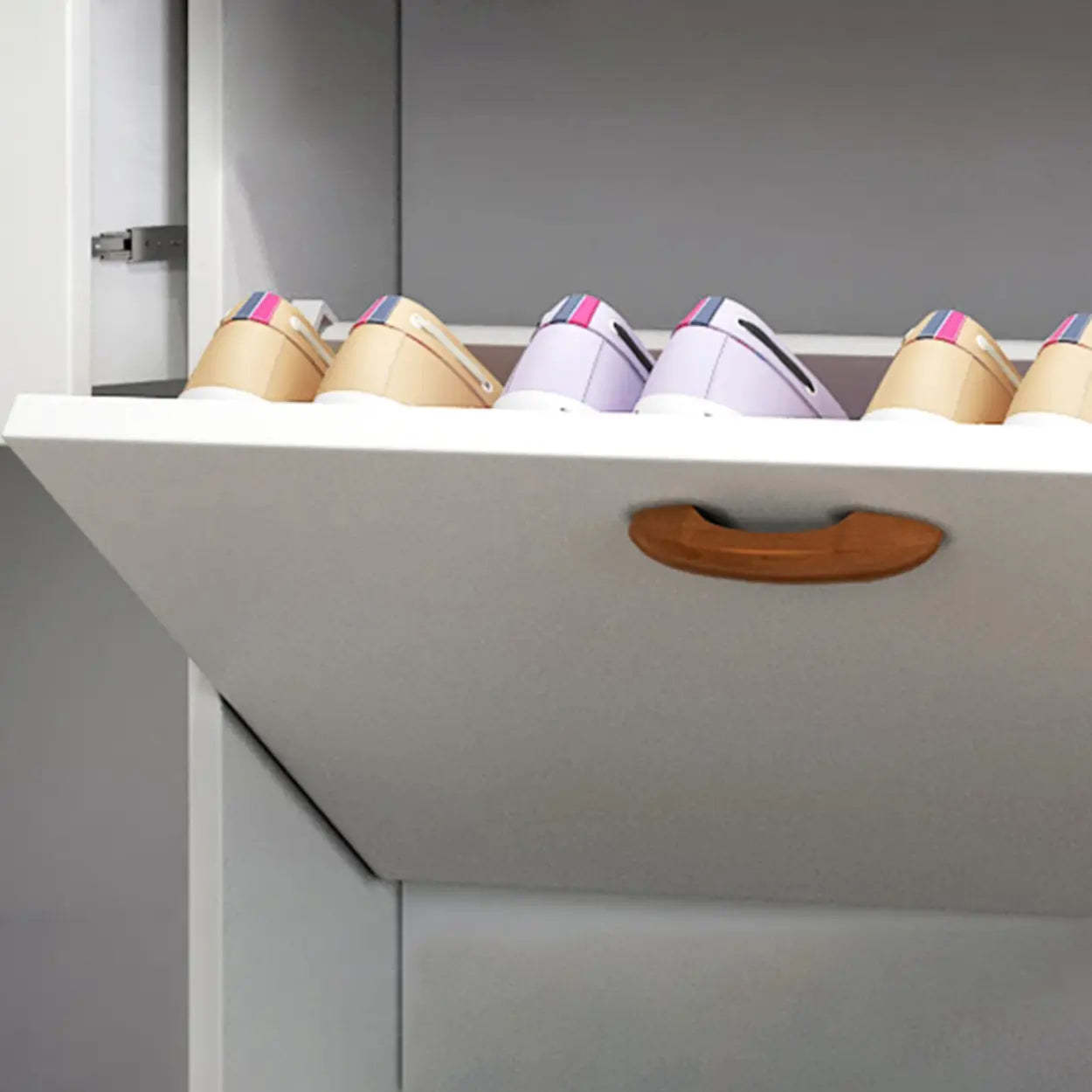 Adjustable White Wood Drop-Front Shoe Storage