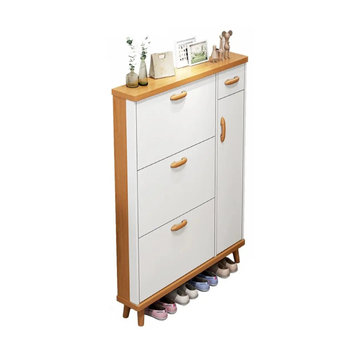 Adjustable White Wood Drop-Front Shoe Storage