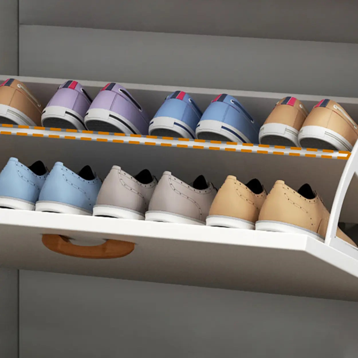 Adjustable White Wood Drop-Front Shoe Storage
