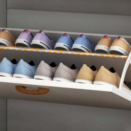 Adjustable White Wood Drop-Front Shoe Storage