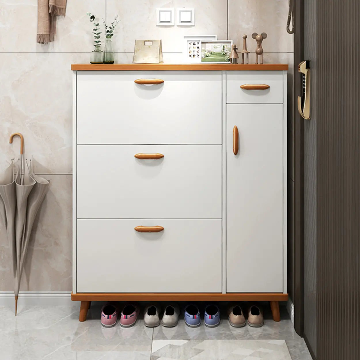Adjustable White Wood Drop-Front Shoe Storage