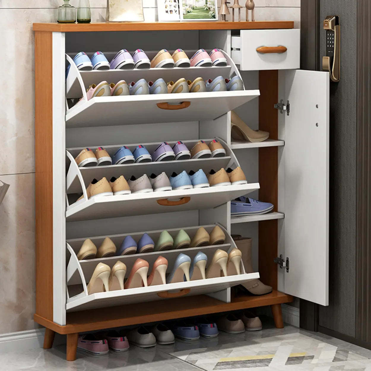 Adjustable White Wood Drop-Front Shoe Storage