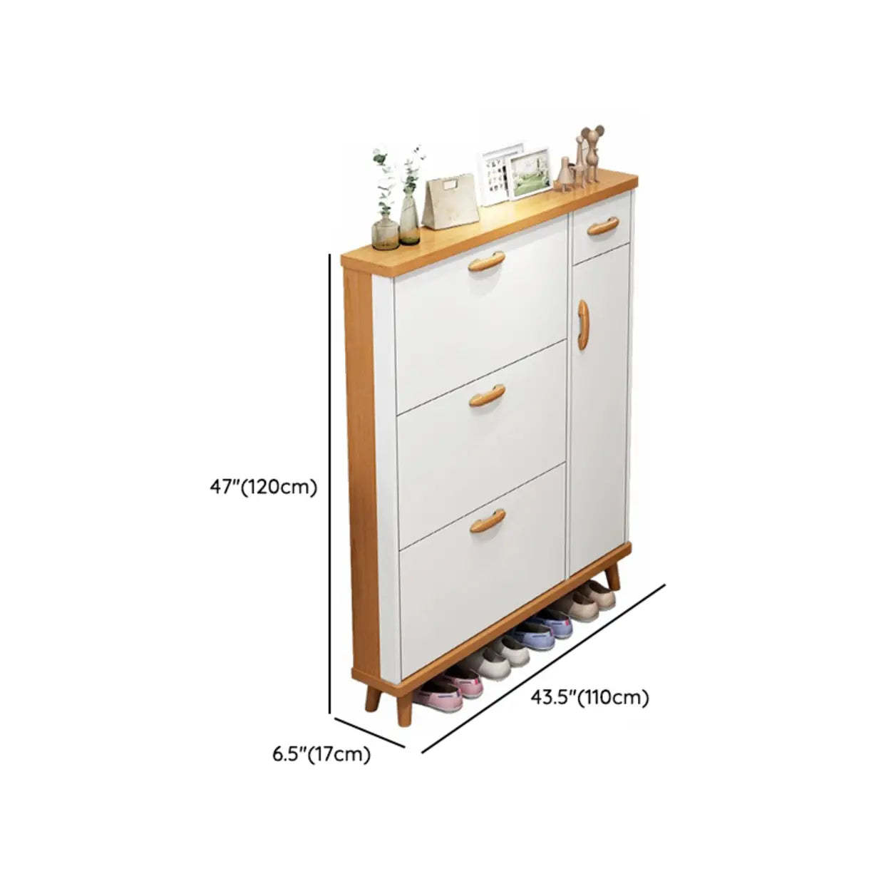 Adjustable White Wood Drop-Front Shoe Storage