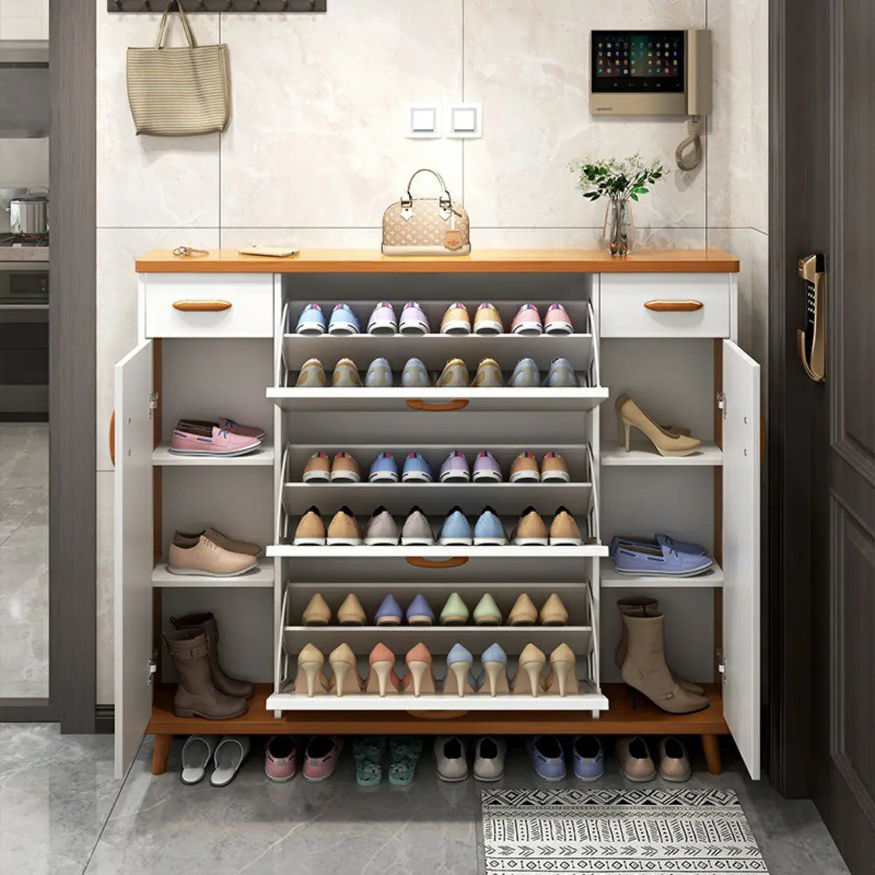 Adjustable White Wood Drop-Front Shoe Storage