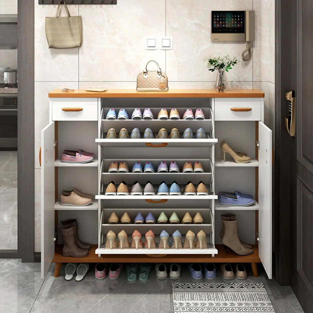 Adjustable White Wood Drop-Front Shoe Storage