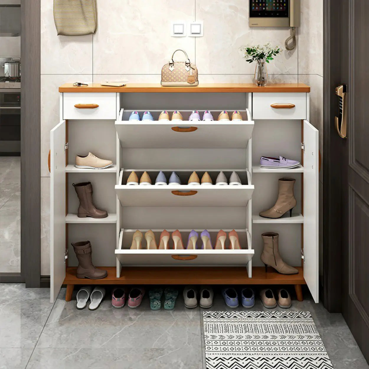 Adjustable White Wood Drop-Front Shoe Storage