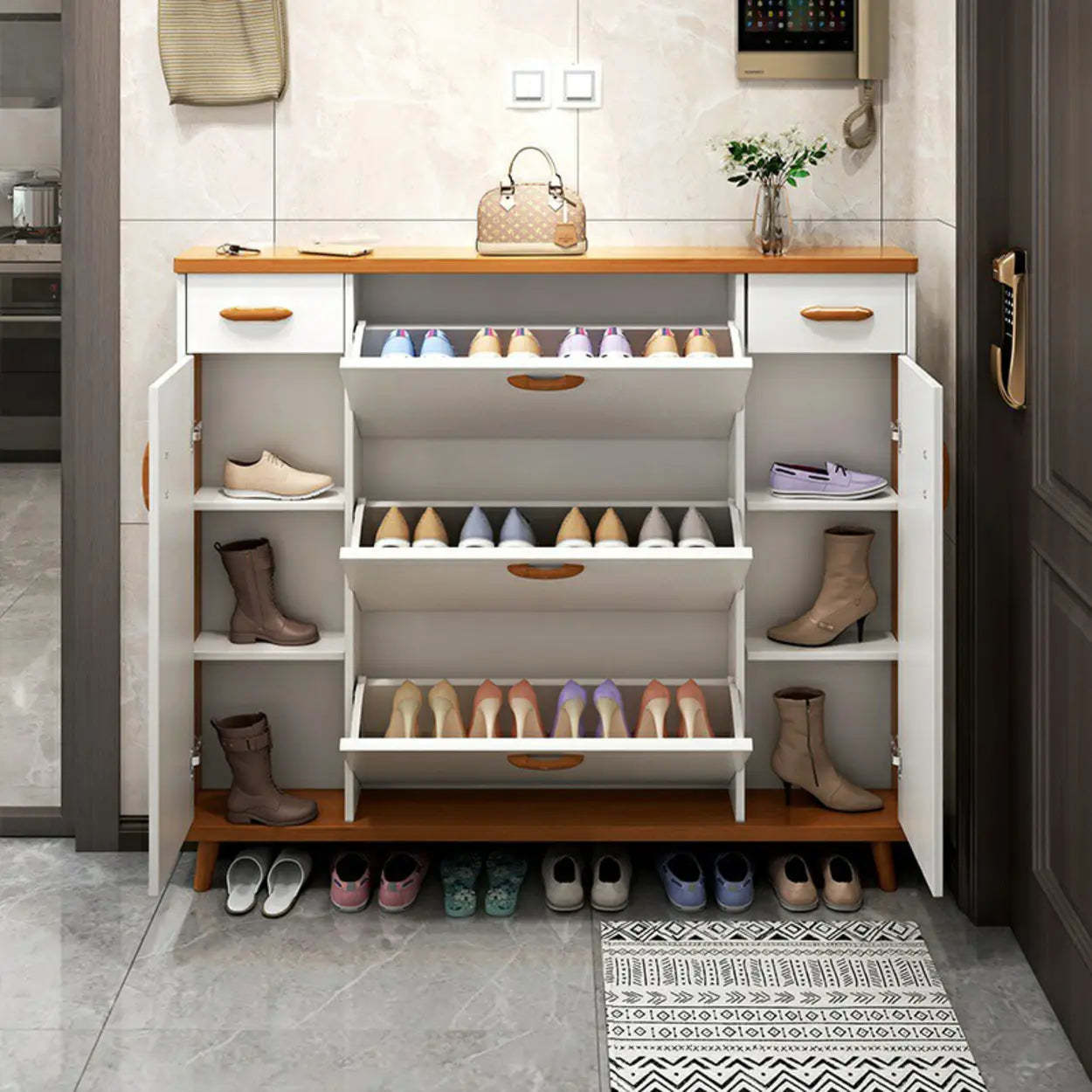 Adjustable White Wood Drop-Front Shoe Storage