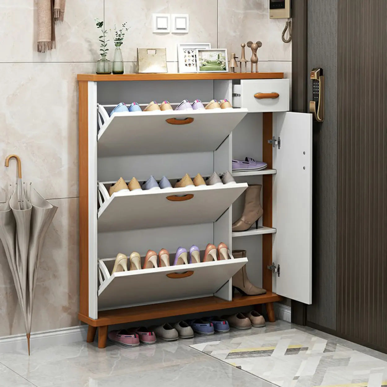Adjustable White Wood Drop-Front Shoe Storage
