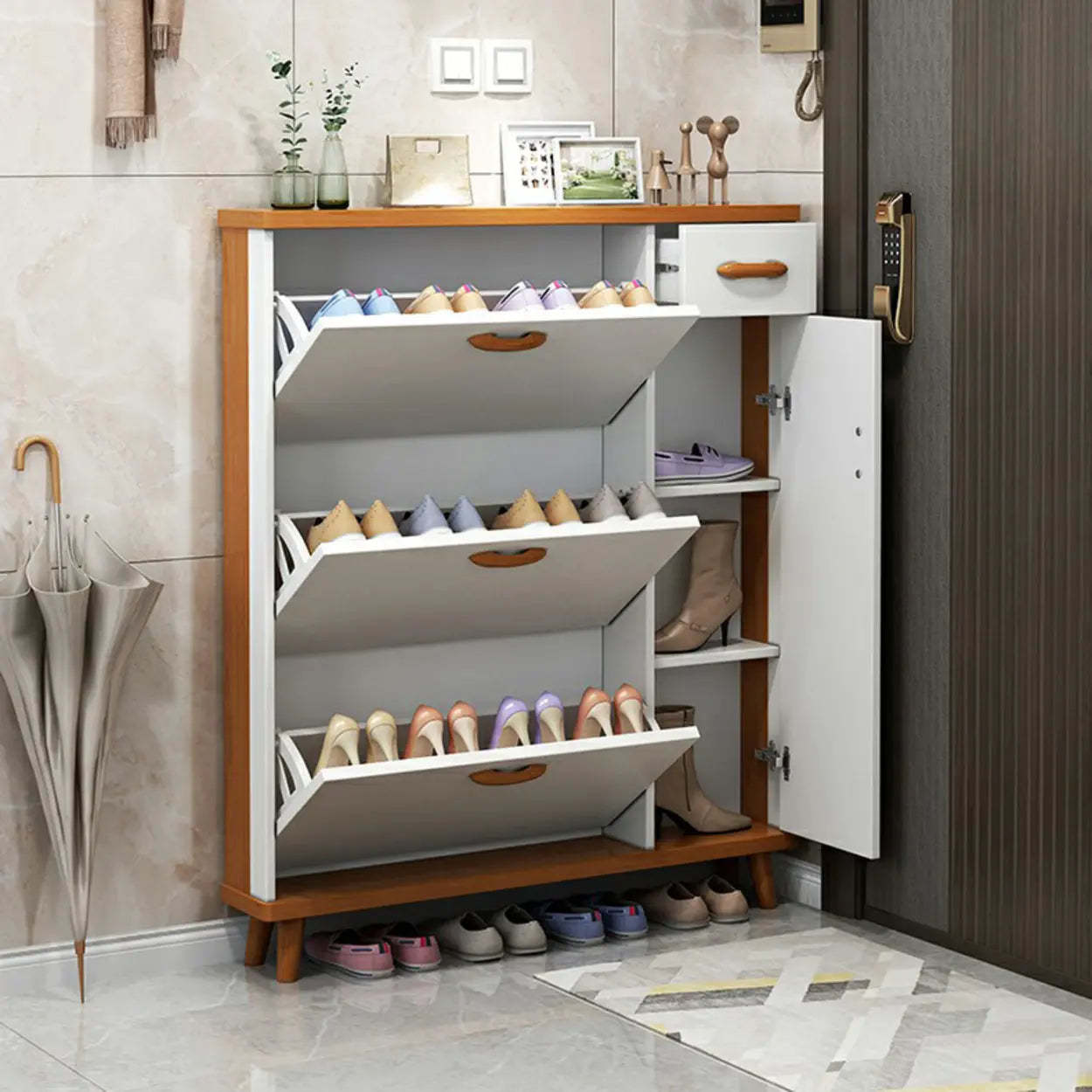 Adjustable White Wood Drop-Front Shoe Storage