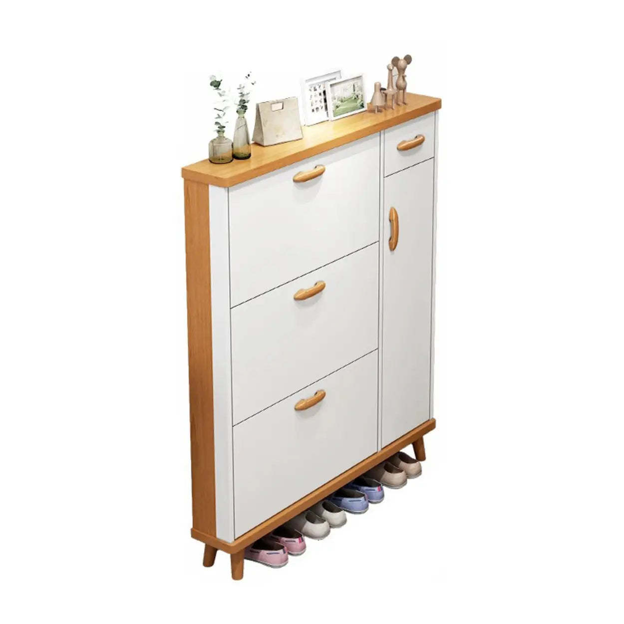 Adjustable White Wood Drop-Front Shoe Storage