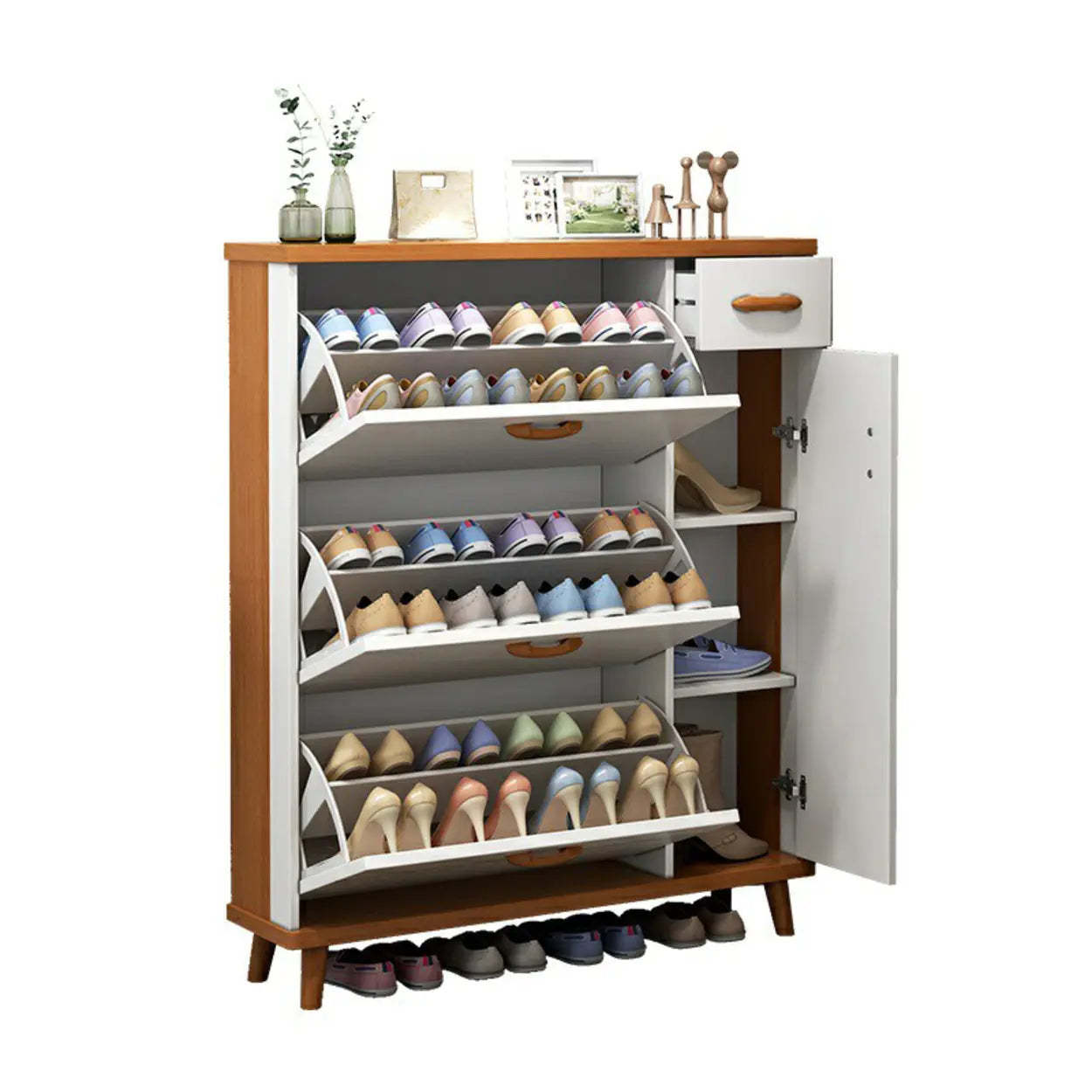 Adjustable White Wood Drop-Front Shoe Storage