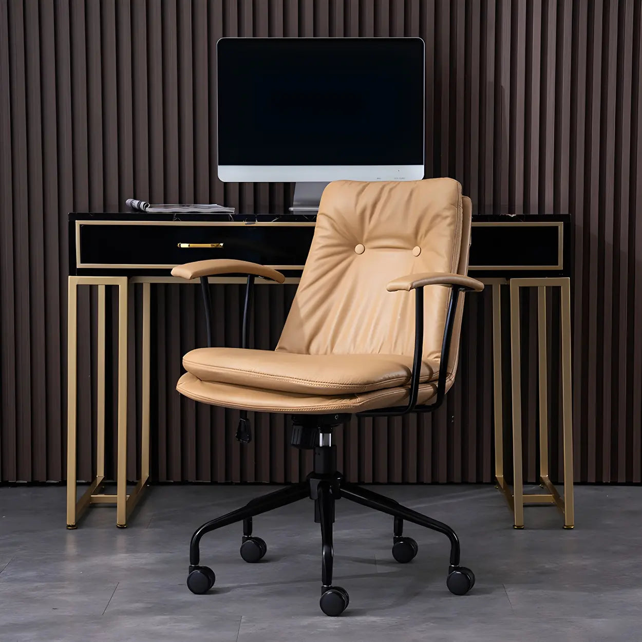 Adjustable Steel-Frame Leather Office Chair with Arms — Khaki / Black / Microfiber Leather