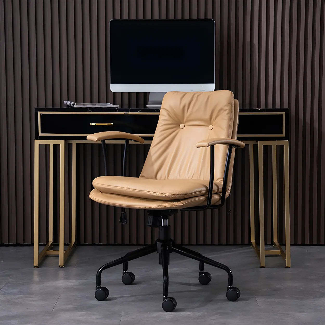 Adjustable Steel-Frame Leather Office Chair with Arms — Khaki / Black / Microfiber Leather