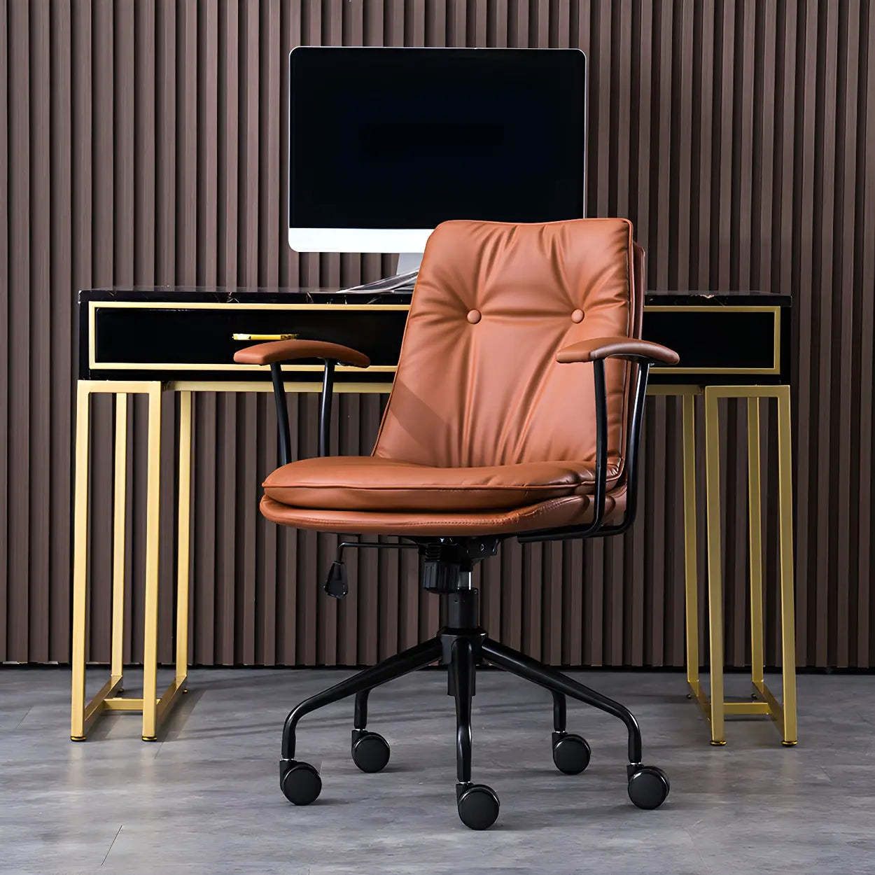 Adjustable Steel-Frame Leather Office Chair with Arms — Light Coffee / Black / Microfiber Leather