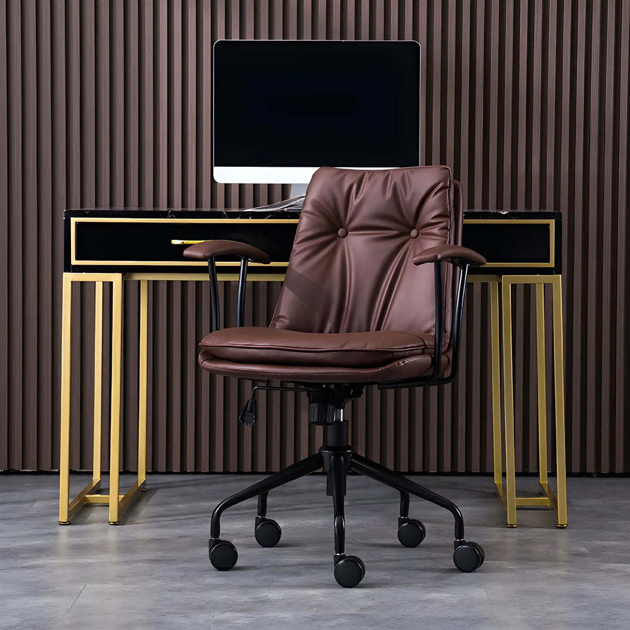 Adjustable Steel-Frame Leather Office Chair with Arms — Off-White / Black / Full Grain Cow Leather
