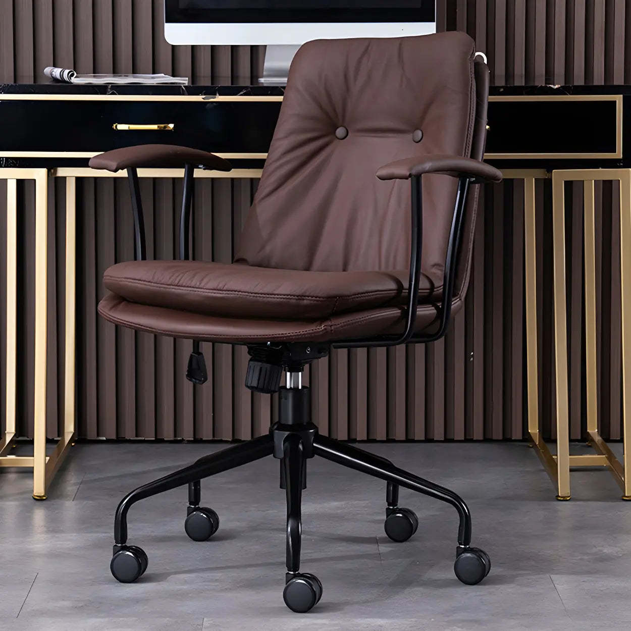 Adjustable Steel-Frame Leather Office Chair with Arms — Off-White / Black / Microfiber Leather