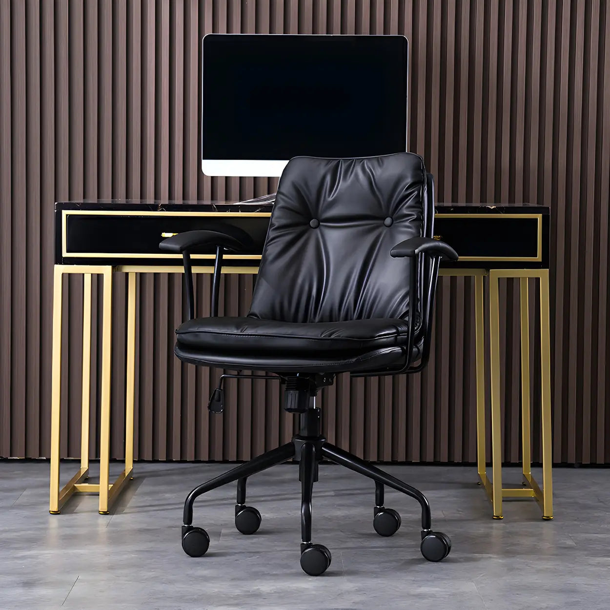 Adjustable Steel-Frame Leather Office Chair with Arms — Black / Black / Microfiber Leather