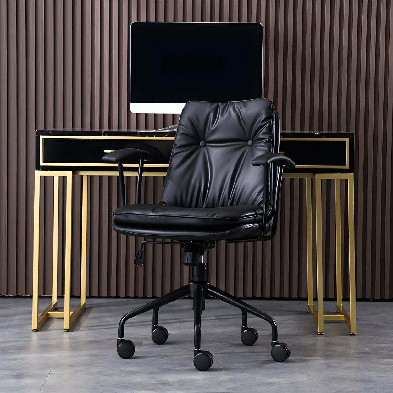 Adjustable Steel-Frame Leather Office Chair with Arms — Black / Black / Microfiber Leather