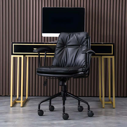 Adjustable Steel-Frame Leather Office Chair with Arms — Black / Black / Microfiber Leather
