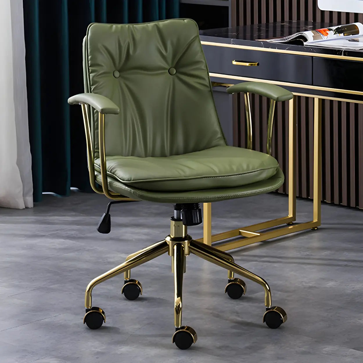 Adjustable Steel-Frame Leather Office Chair with Arms — Dark Coffee / Black / Microfiber Leather