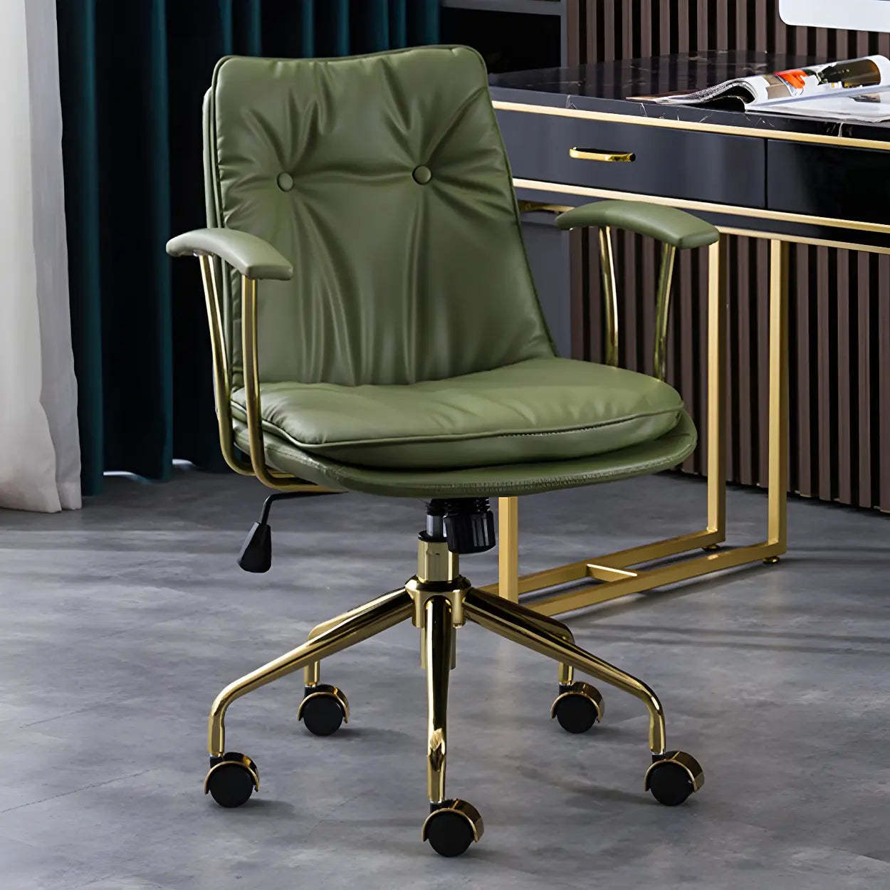 Adjustable Steel-Frame Leather Office Chair with Arms — Dark Coffee / Black / Microfiber Leather