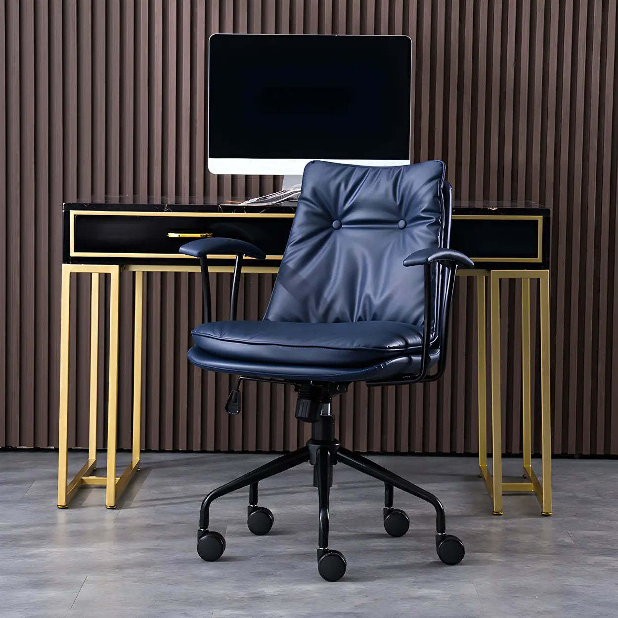 Adjustable Steel-Frame Leather Office Chair with Arms — Dark Coffee / Silver / Microfiber Leather