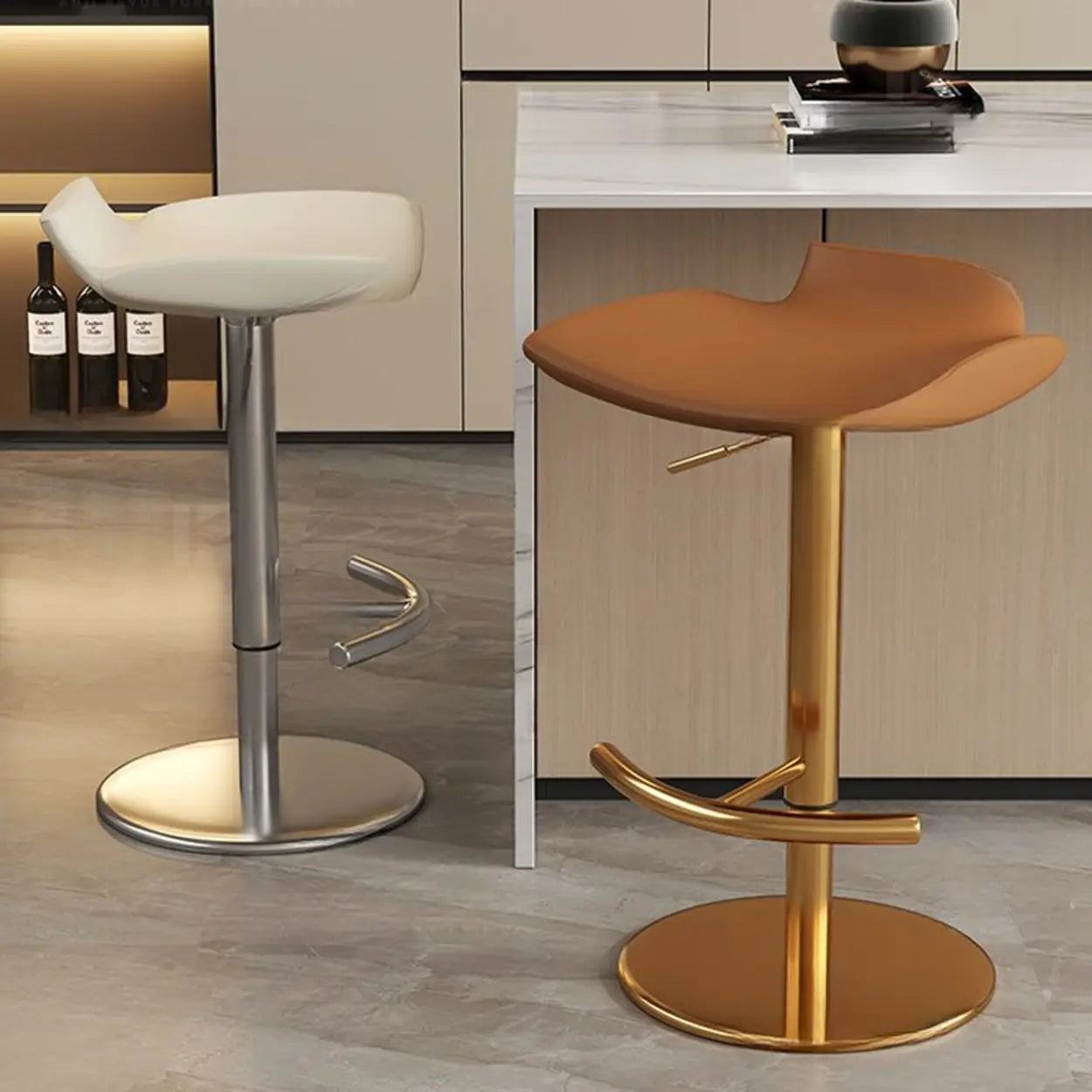 Adjustable Swivel Bucket Leather Bar Stool — Black / Black