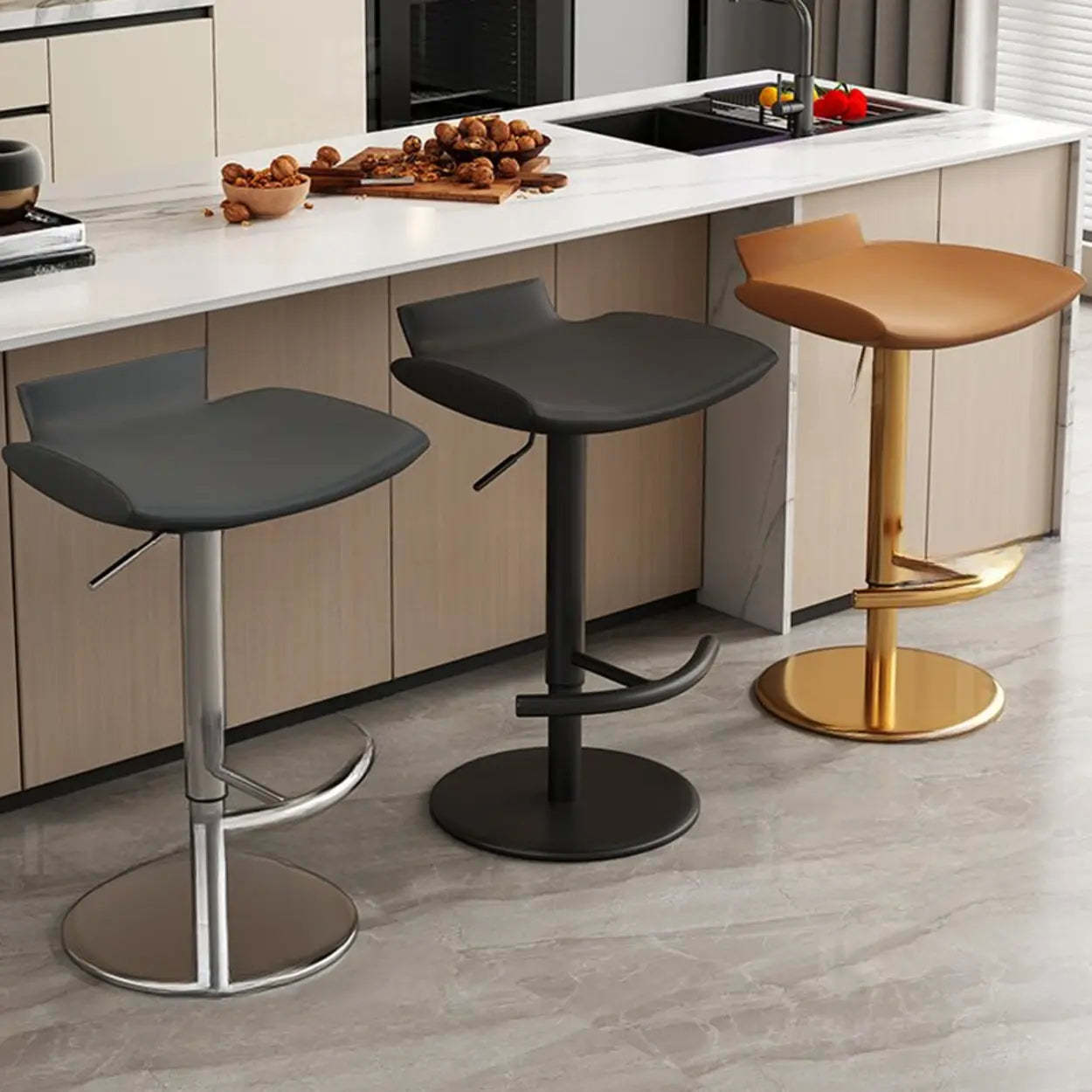 Adjustable Swivel Bucket Leather Bar Stool — Black / Brown