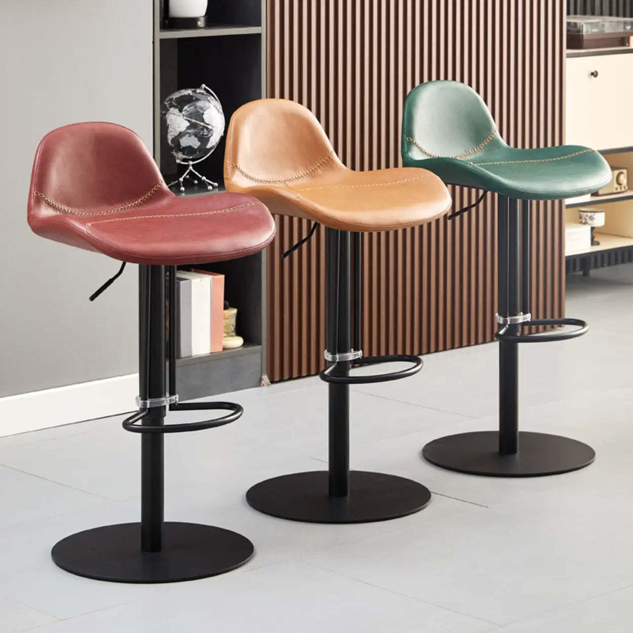 Swivel Leather Low Back Bar Stool with Footrest — Black / Black
