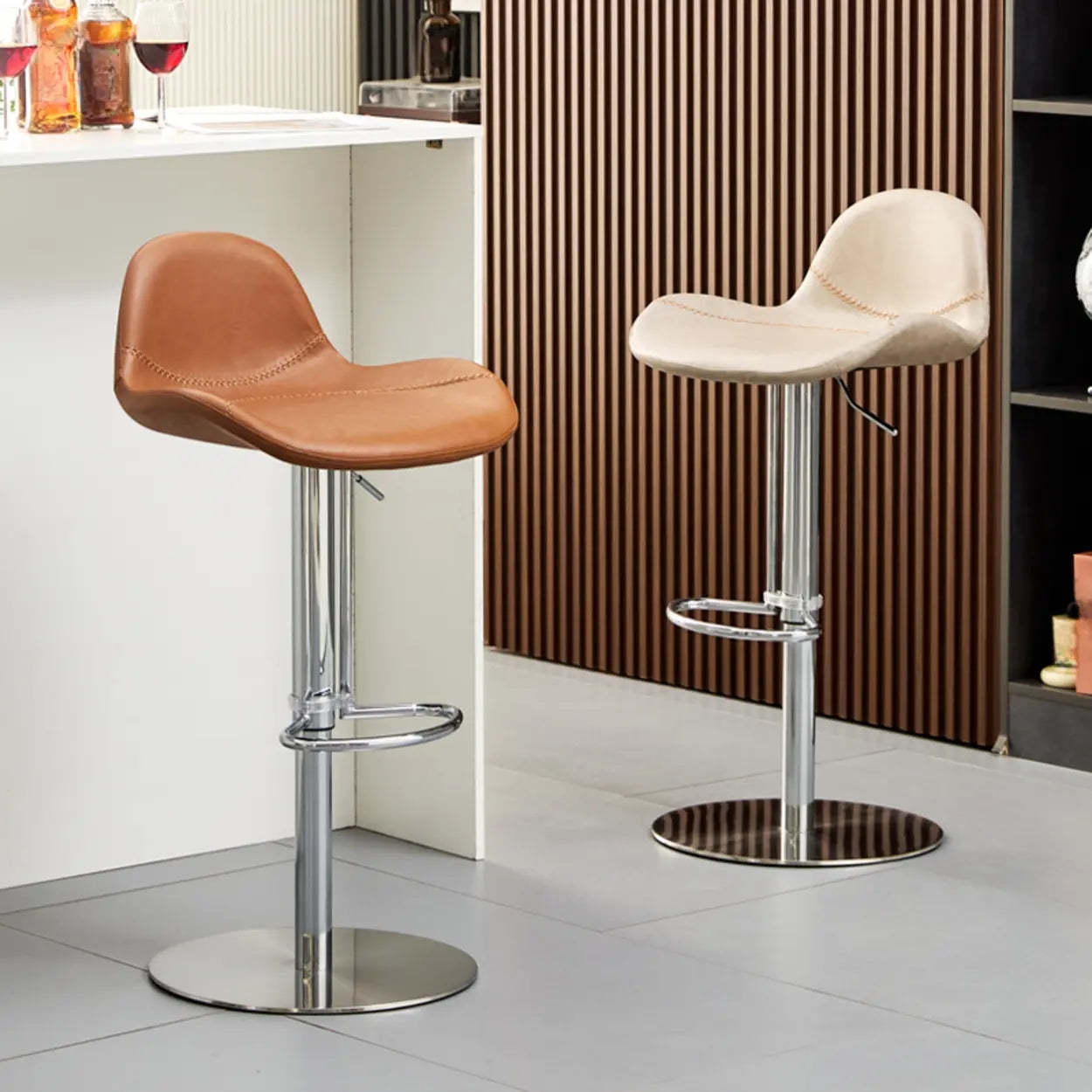 Swivel Leather Low Back Bar Stool with Footrest — Light Brown / Black