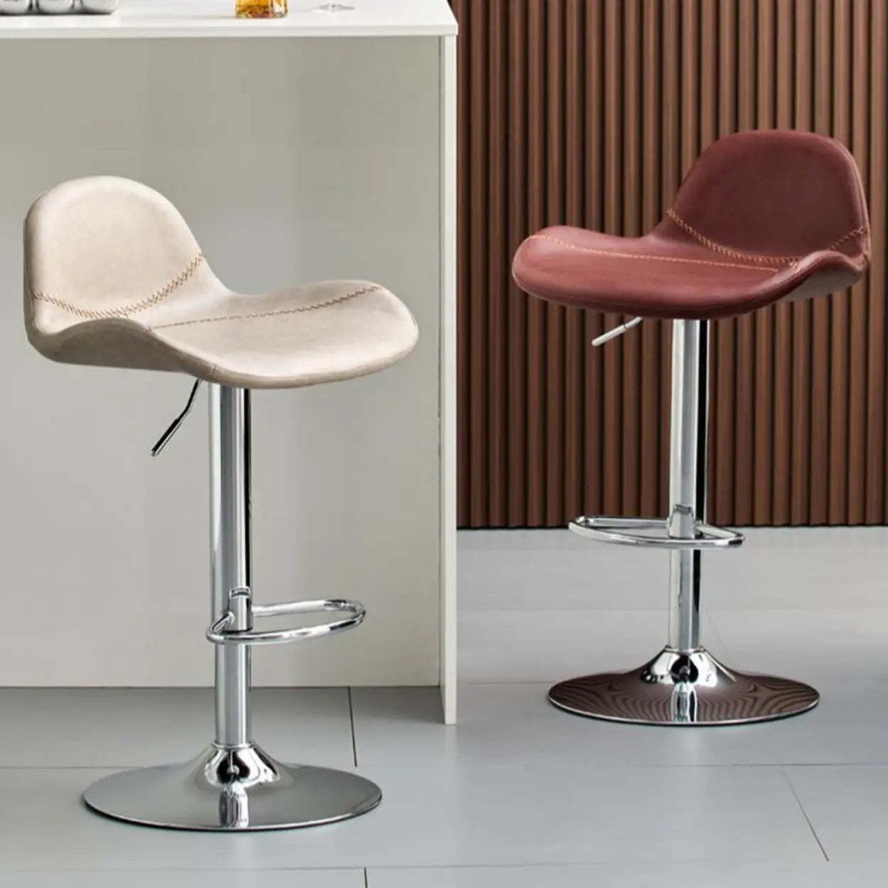 Swivel Leather Low Back Bar Stool with Footrest — Red Brown / Silver