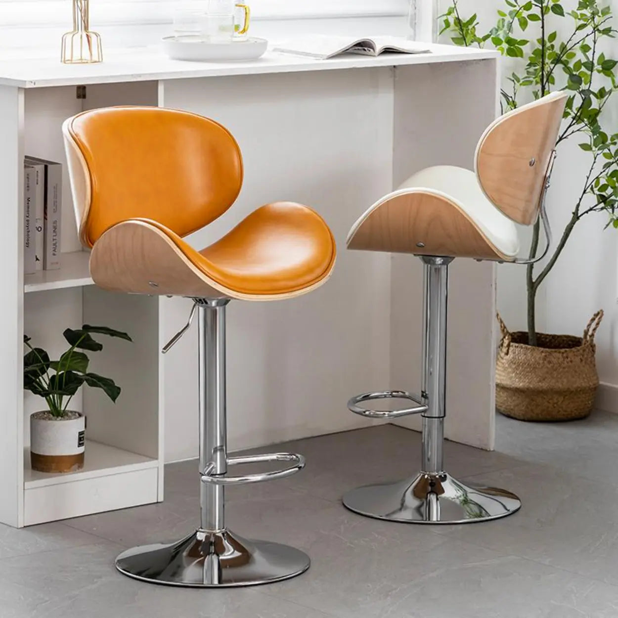 Adjustable Swivel Leather Curved-Back Bar Stool