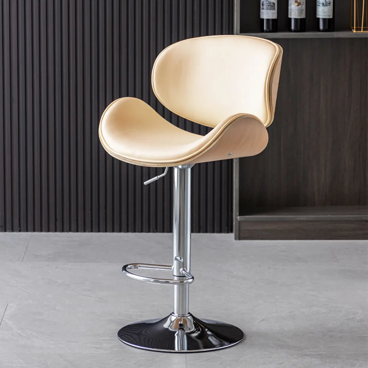 Adjustable Swivel Leather Curved-Back Bar Stool — Orange / Black / Cow Leather