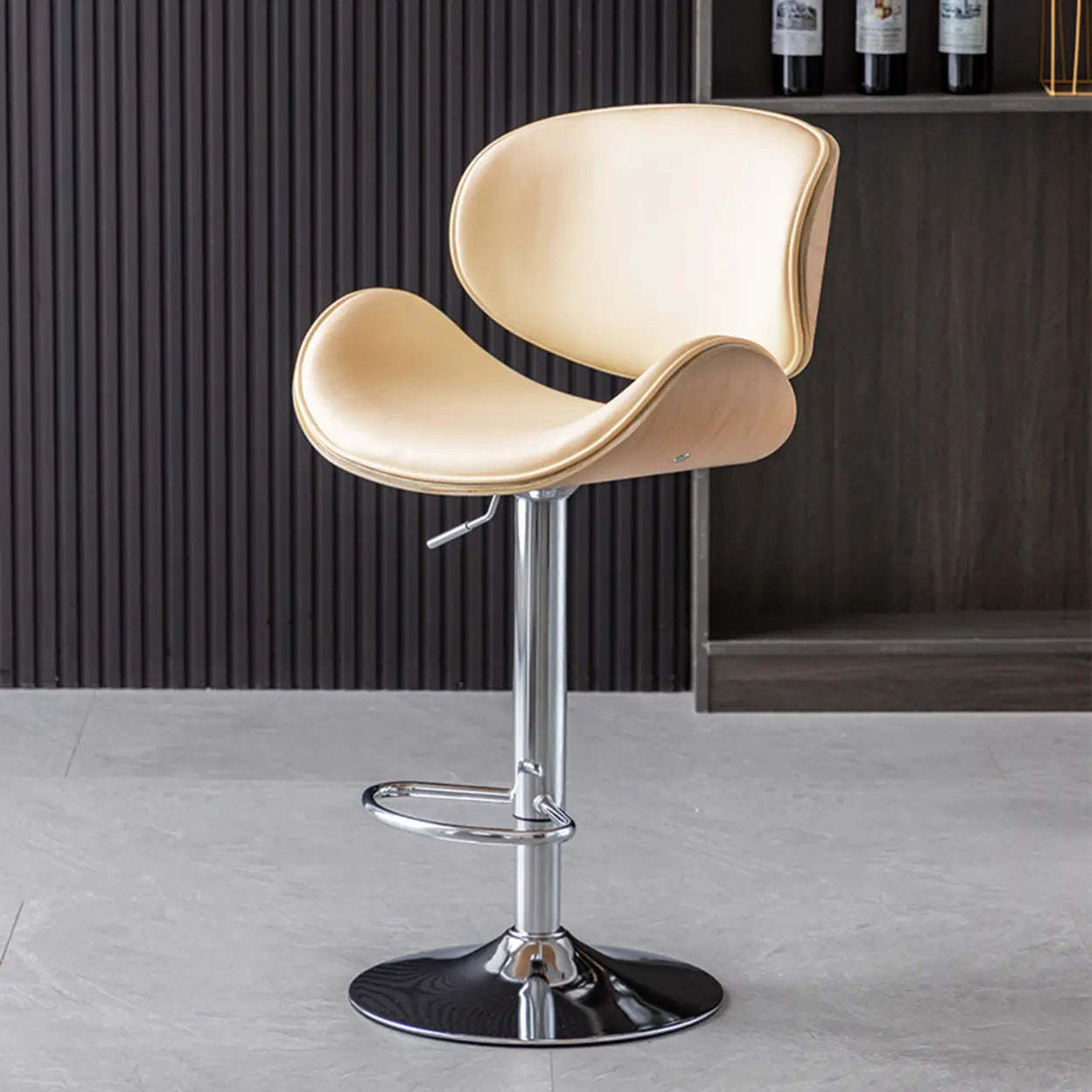 Adjustable Swivel Leather Curved-Back Bar Stool — Orange / Black / Cow Leather