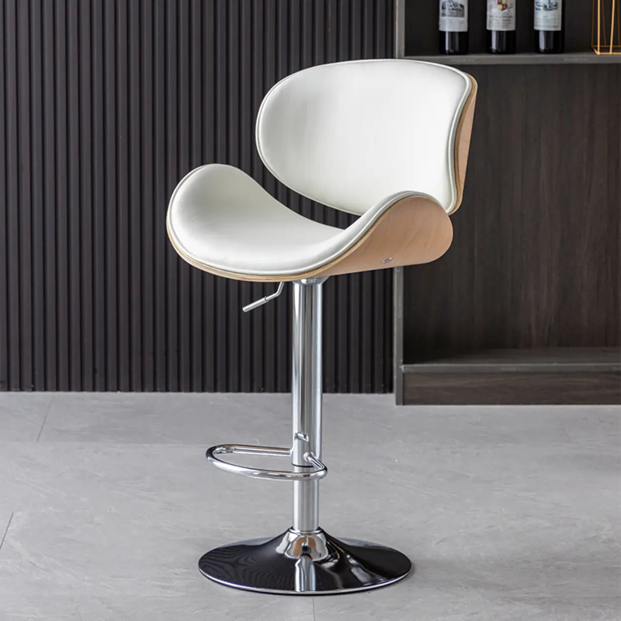Adjustable Swivel Leather Curved-Back Bar Stool — Orange / Silver / Cow Leather