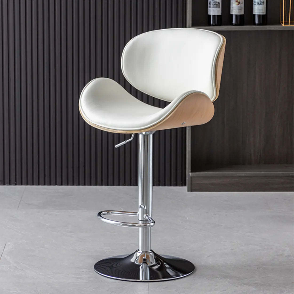Adjustable Swivel Leather Curved-Back Bar Stool — Orange / Silver / Cow Leather