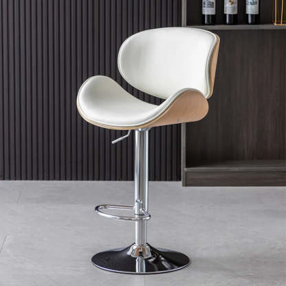 Adjustable Swivel Leather Curved-Back Bar Stool — Orange / Silver / Cow Leather