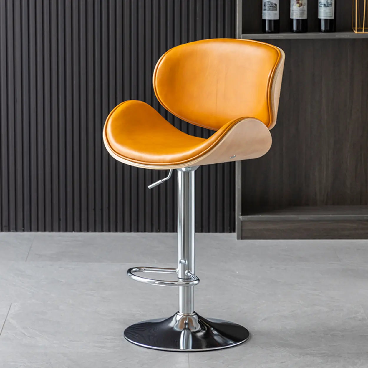 Adjustable Swivel Leather Curved-Back Bar Stool — Grey / Black / Cow Leather
