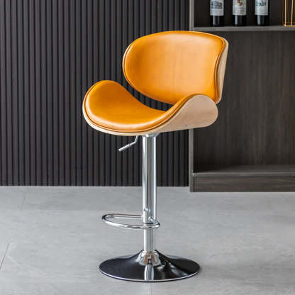 Adjustable Swivel Leather Curved-Back Bar Stool — Grey / Black / Cow Leather