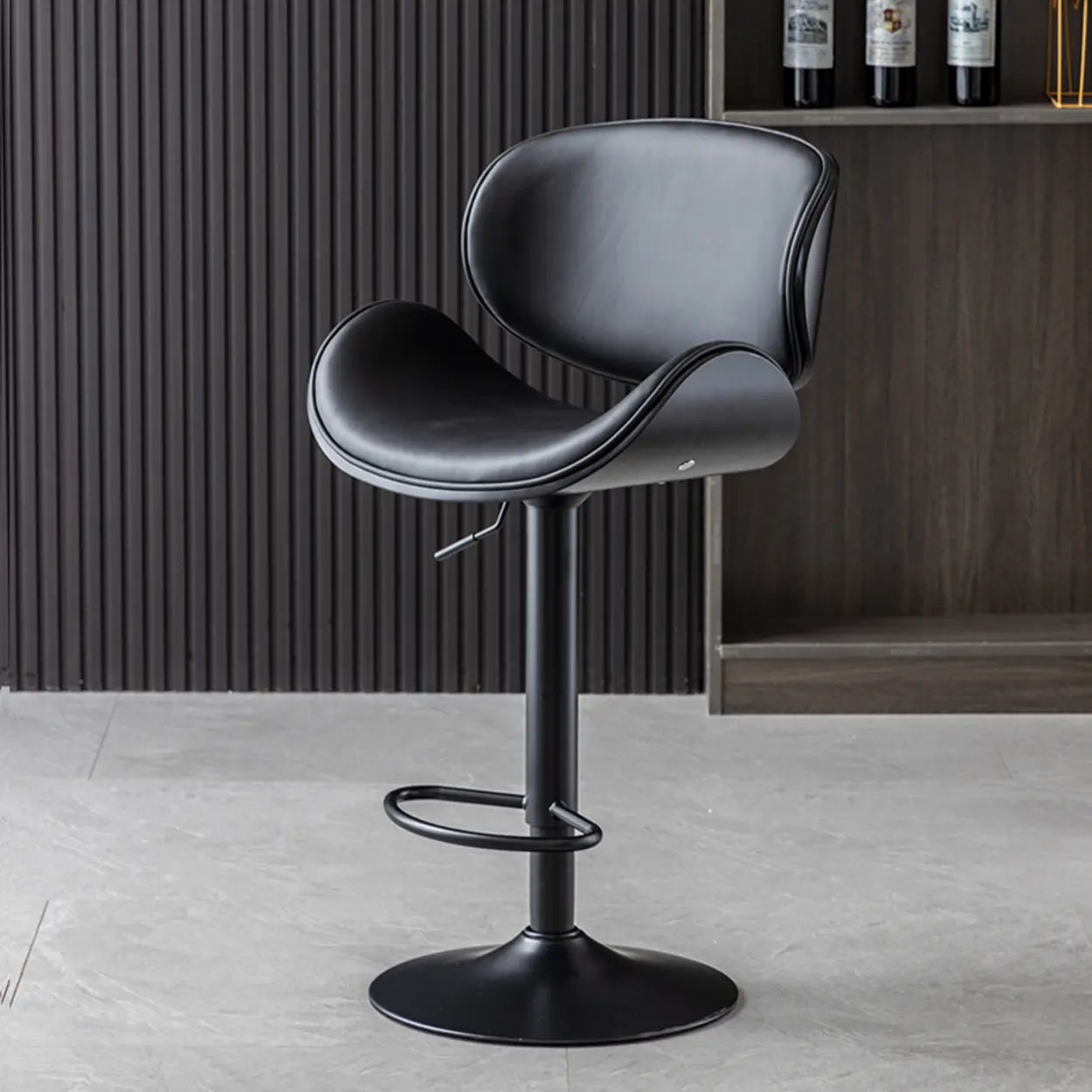 Adjustable Swivel Leather Curved-Back Bar Stool — Black / Black / Cow Leather