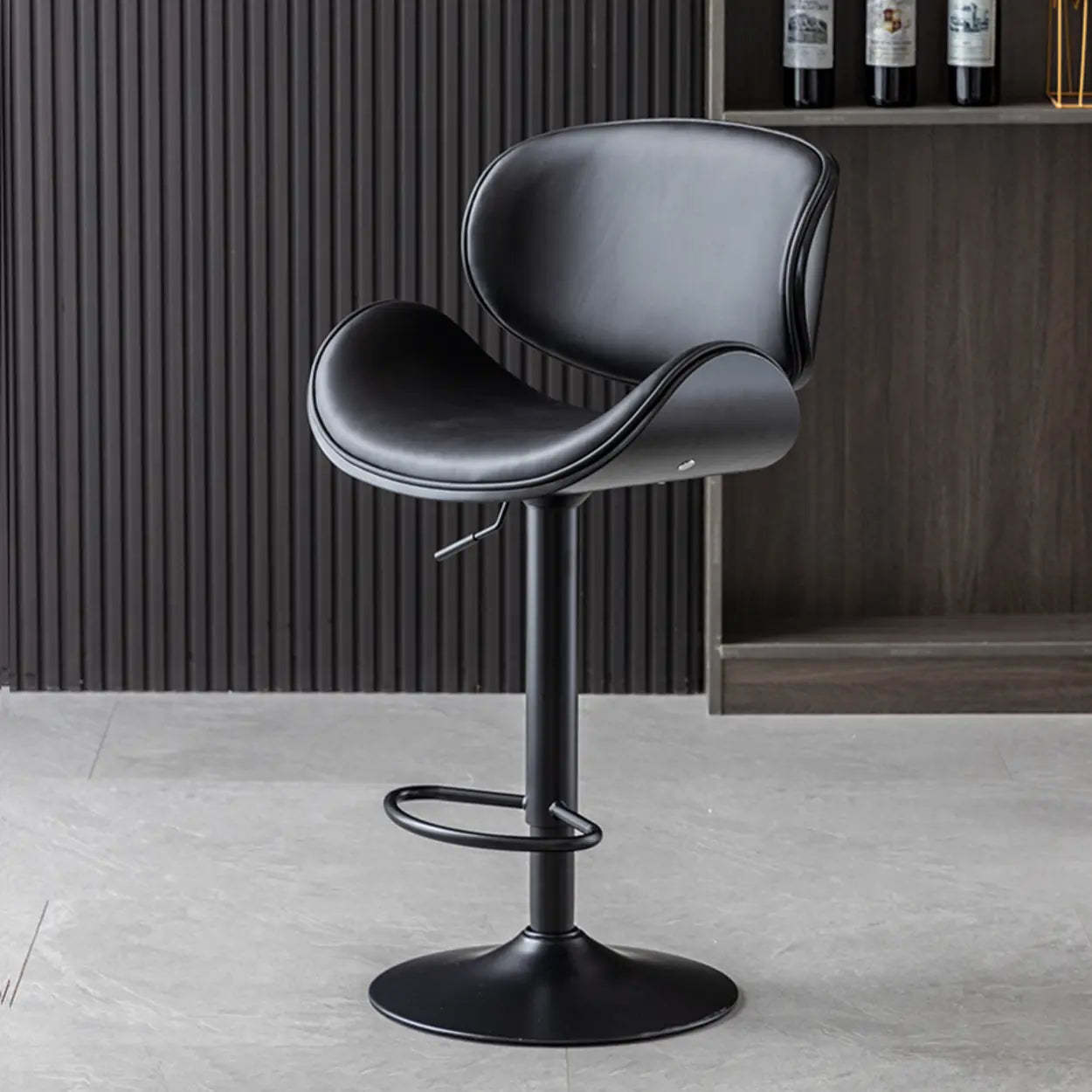 Adjustable Swivel Leather Curved-Back Bar Stool — Black / Black / Cow Leather