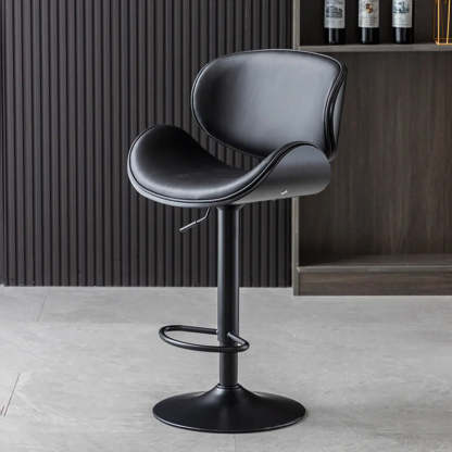 Adjustable Swivel Leather Curved-Back Bar Stool — Black / Black / Cow Leather