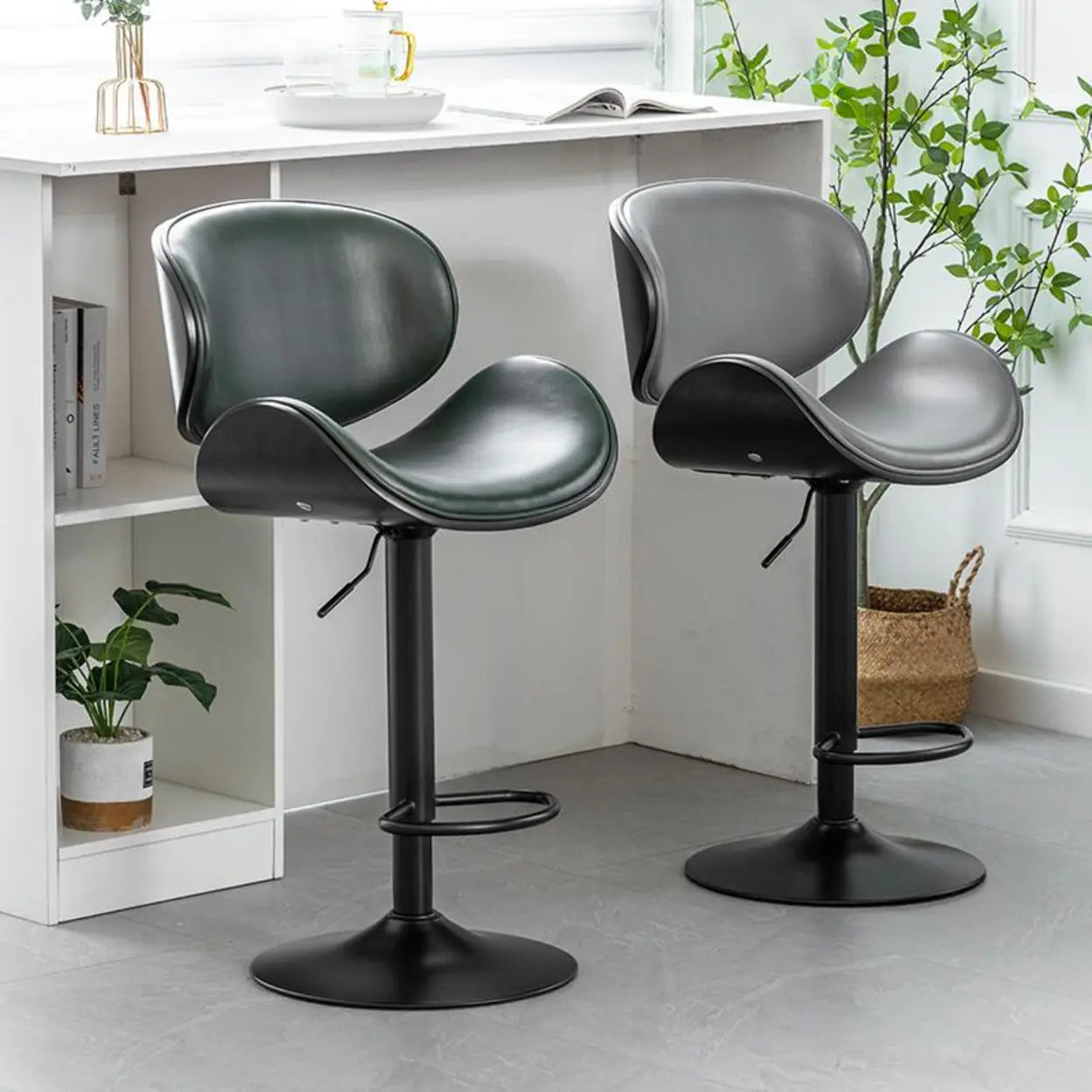 Adjustable Swivel Leather Curved-Back Bar Stool — Beige / Silver / Cow Leather
