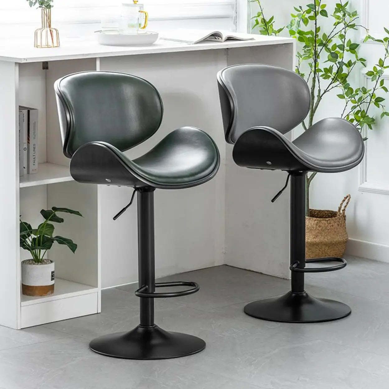 Adjustable Swivel Leather Curved-Back Bar Stool — Beige / Silver / Cow Leather